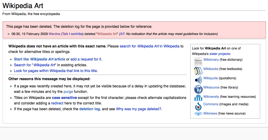 Wikipedia Art deleted, February 2009